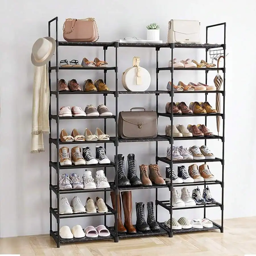 9 Tiers Shoe Rack Organizer, Black, 50-55 Pairs, Stackable Metal Shelf With Hooks For Entryway, Shoe Racks For Bedroom Closet