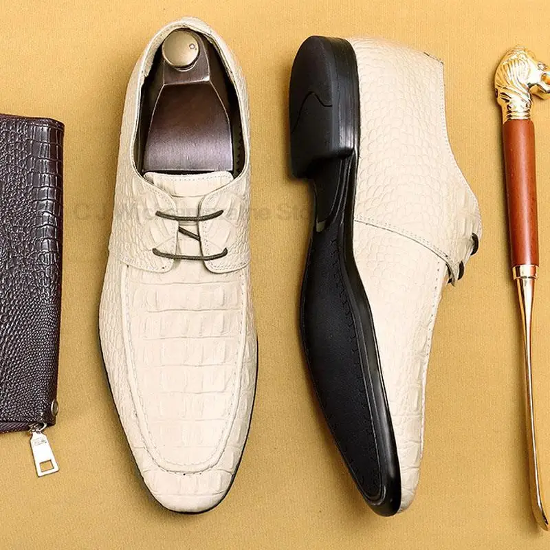 HKDQ-Chaussures Oxford à bout d'aile pour hommes, faites à la main, cuir véritable, imprimé crocodile, chaussures provoqué, beige, chaussures derby formelles d'affaires