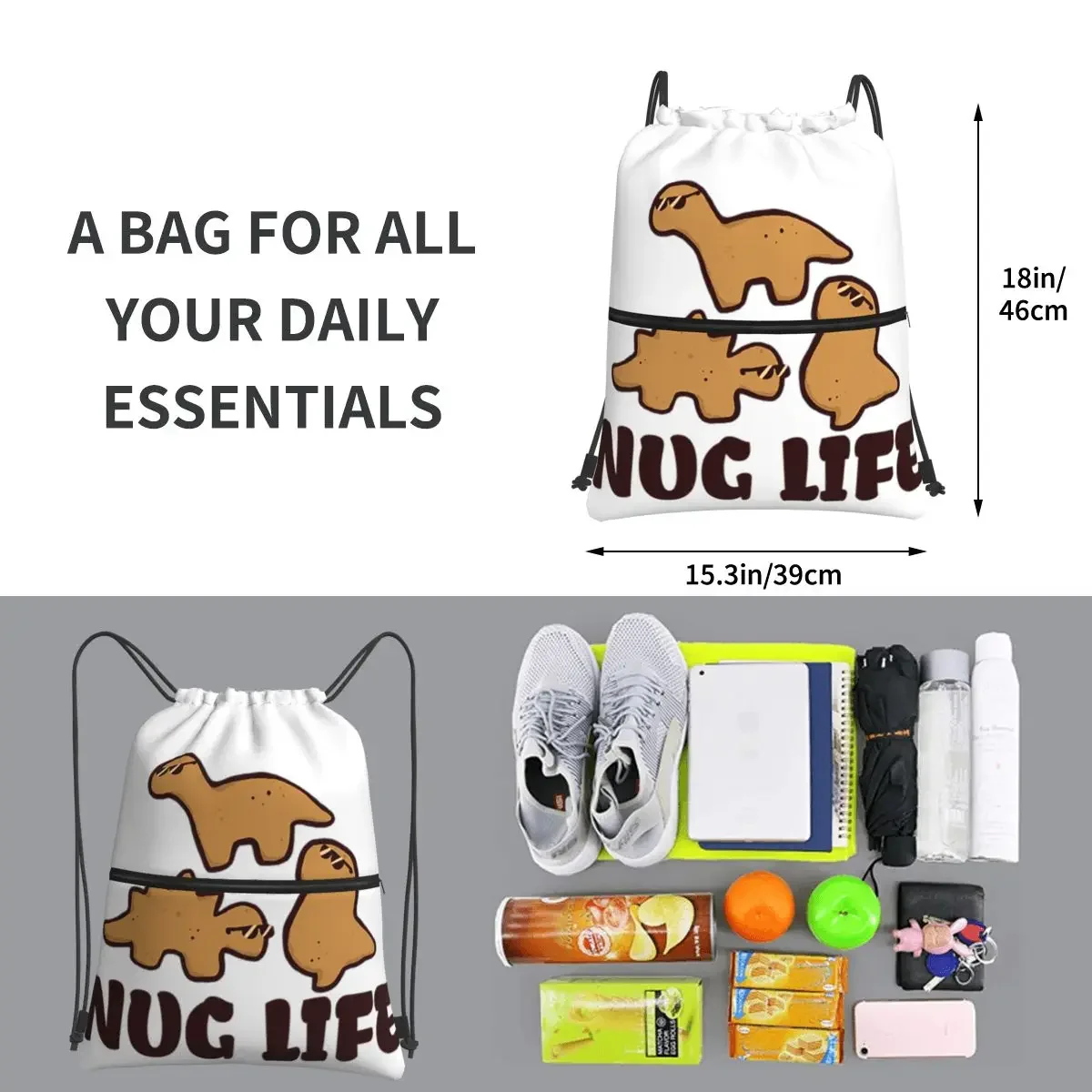 Nug Life-mochila portátil con cordón para estudiantes de escuela, bolso con cordón, bolsa para artículos diversos, dinosaurio, pollo, Nuggets