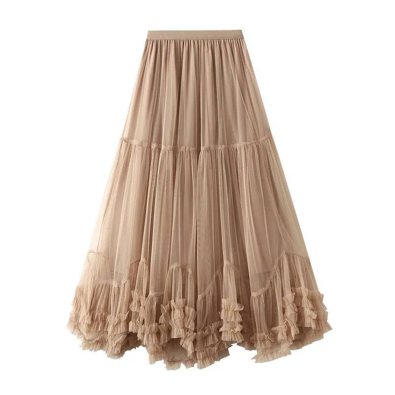 New Multi Layer Mesh Mid Waist Elastic Loose A-line Skirts For Women PY26016