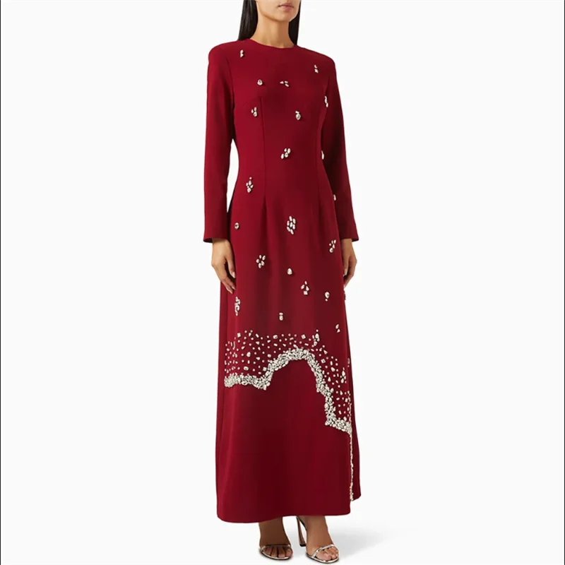 

Модное бордовое красное вечернее платье по индивидуальному заказу с круглым вырезом и длинными рукавами, кристальное арабское платье для выпускного вечера для танцевальных вечерних платьев