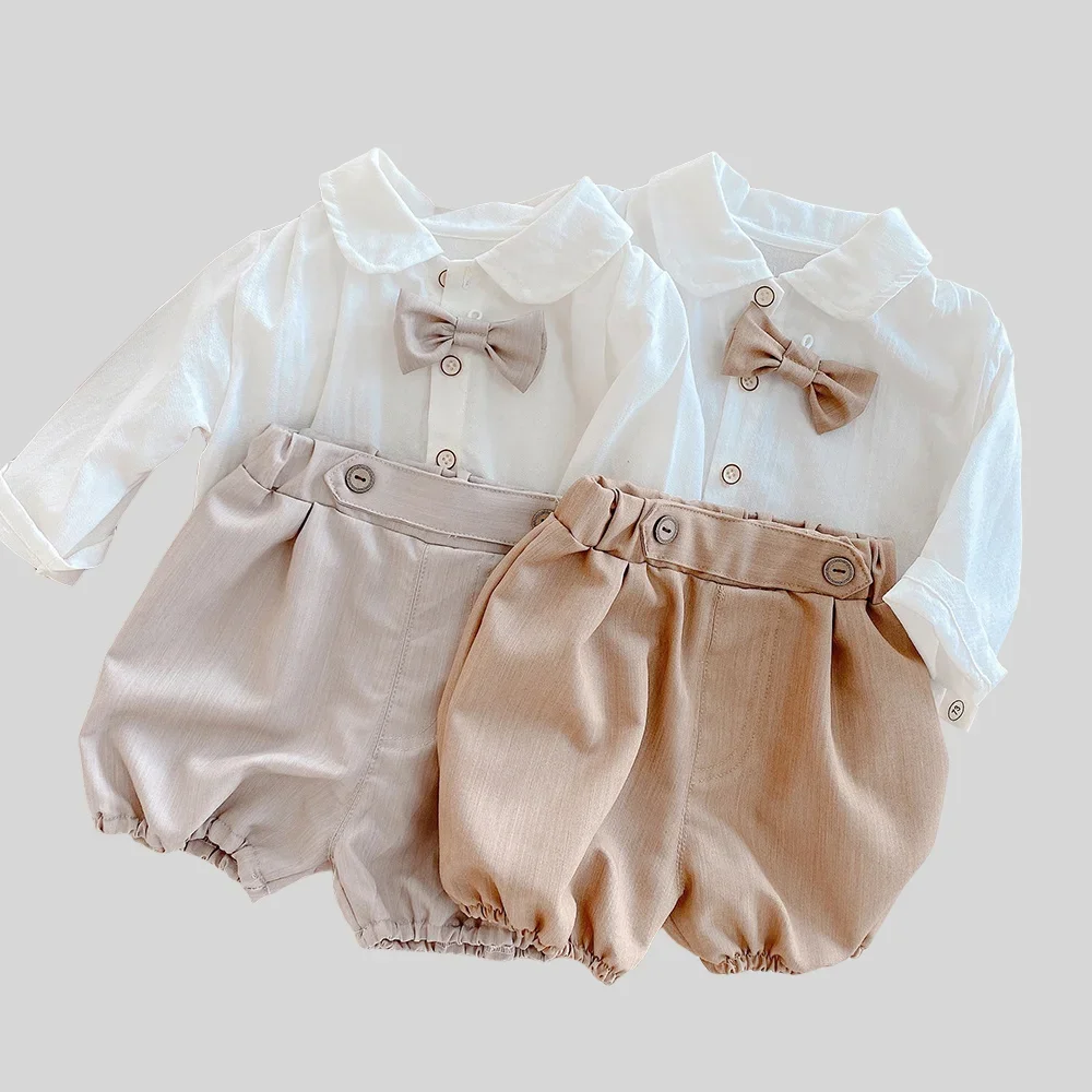

0-4Y Baby Gentleman Outfit Autumn Pure Color Shirt & Shorts Two - piece Set Infant First Birthday Ceremony Formal Wear