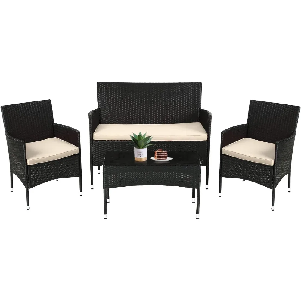 FDW-Conjunto de muebles para Patio, silla de mimbre para exteriores, sofá de mimbre, juegos de Bistro de conversación de jardín para Patio, piscina o Patio trasero, 4 piezas