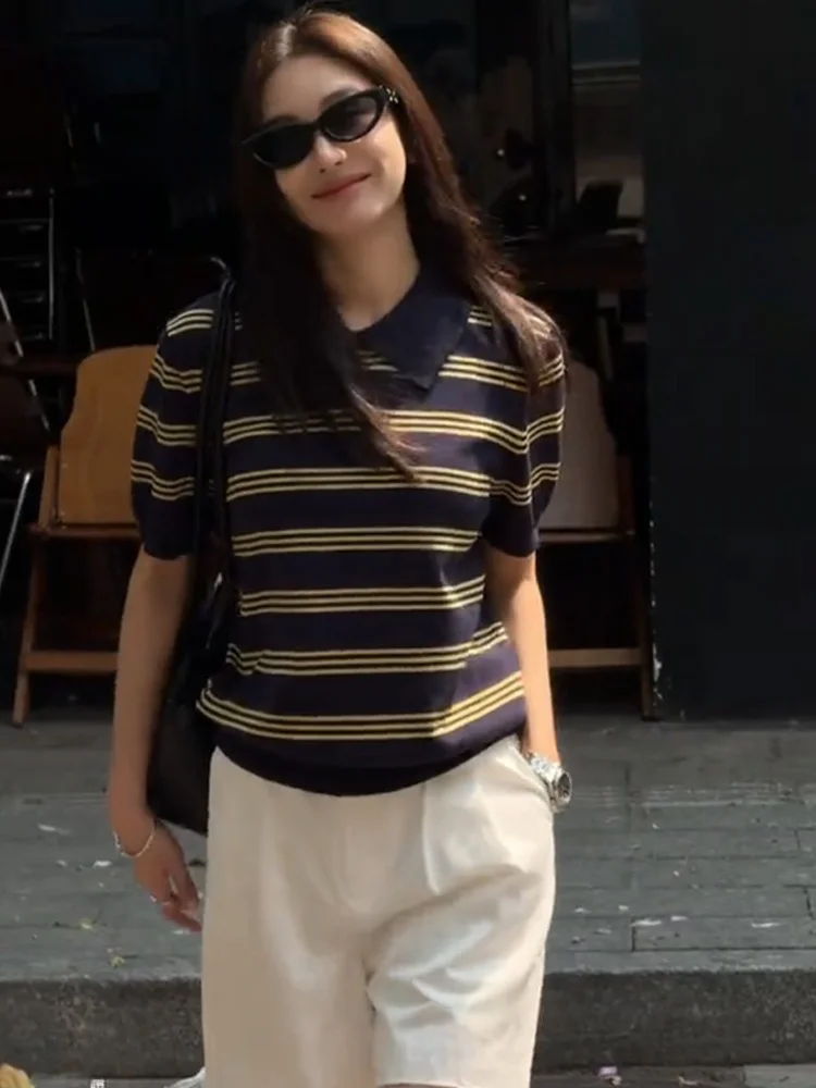 

Женская летняя футболка свободного кроя с коротким рукавом и полосатым дизайном, удобная, дышащая, в корейском стиле