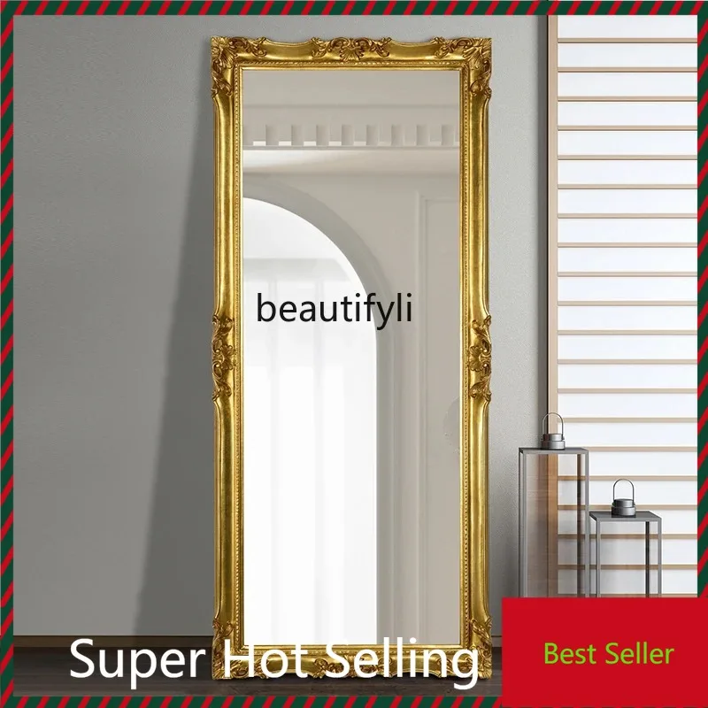 

F185 European Style Full-Length Mirror Handmade Carved Vintage Floor Mirror Villa Living Room Cloakroom Full-Length Mirror