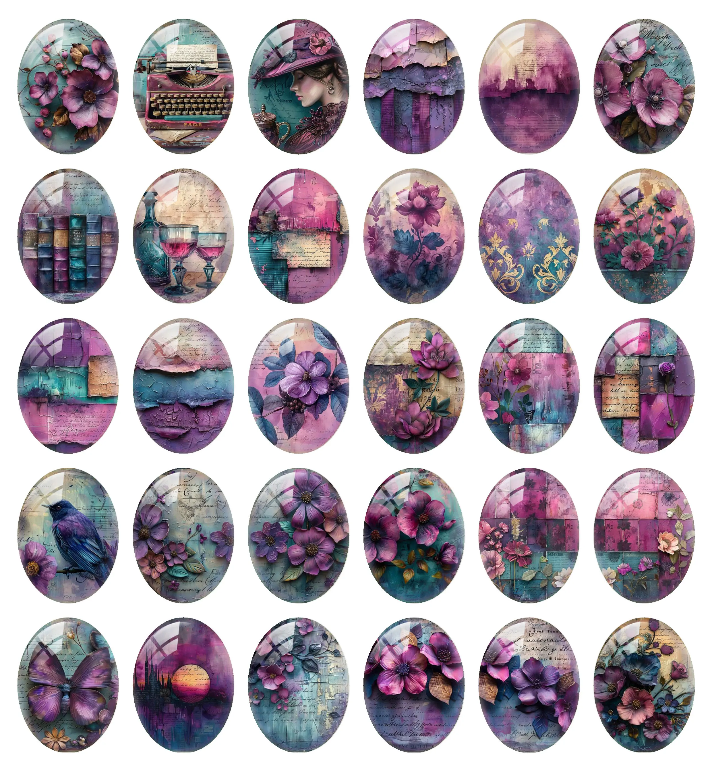 10pcs/lot Purple Flower Butterfly Girl Oval Photo Glass Cabochon Flatback Demo Flat Back Cameo For Diy Jewelry Making Supplies