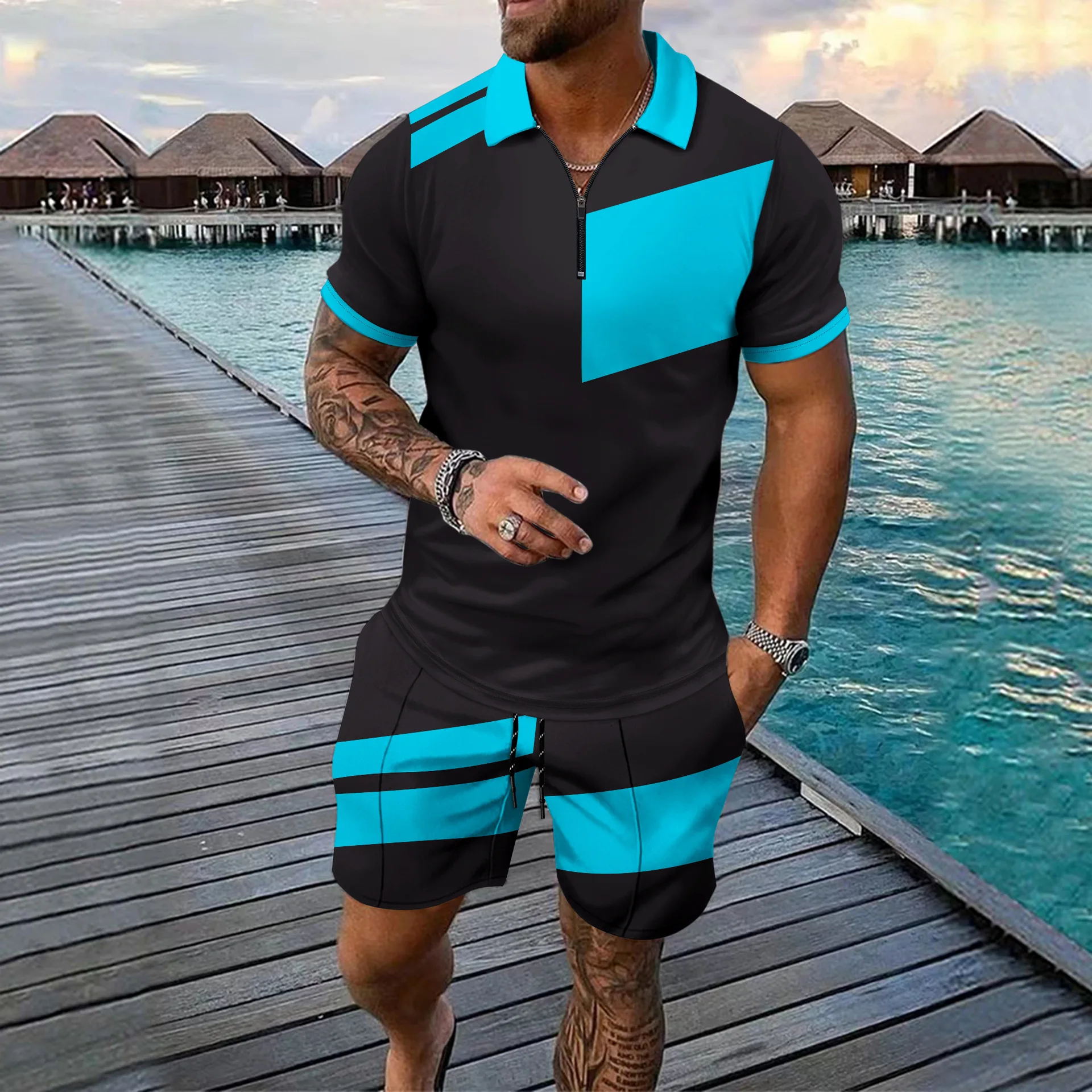 

Summer Fashion Men's New Digital Printing Zipper Short-sleeved Shorts Two-piece Set