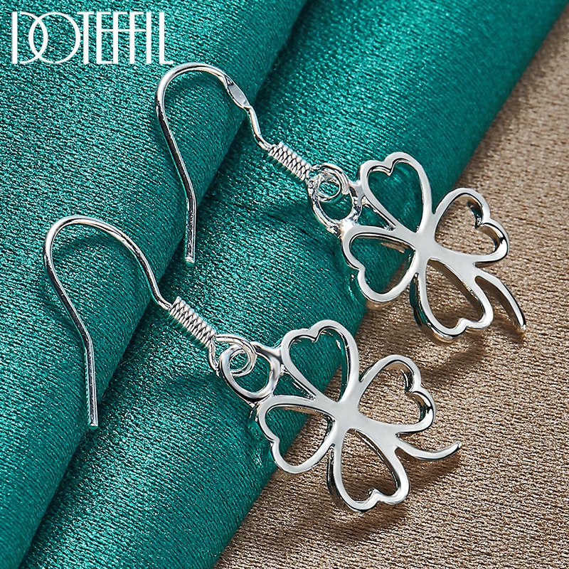 DOTEFFIL 925 Sterling Silver Hollow czterolistna koniczyna spadek kolczyki dla kobiety ślub zaręczyny Fashion Party Charm biżuteria