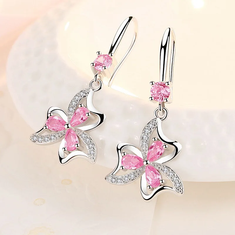 925 Sterling Silver Female Wedding Jewelry Luxury Crystal Flower Drop Earrings For Women