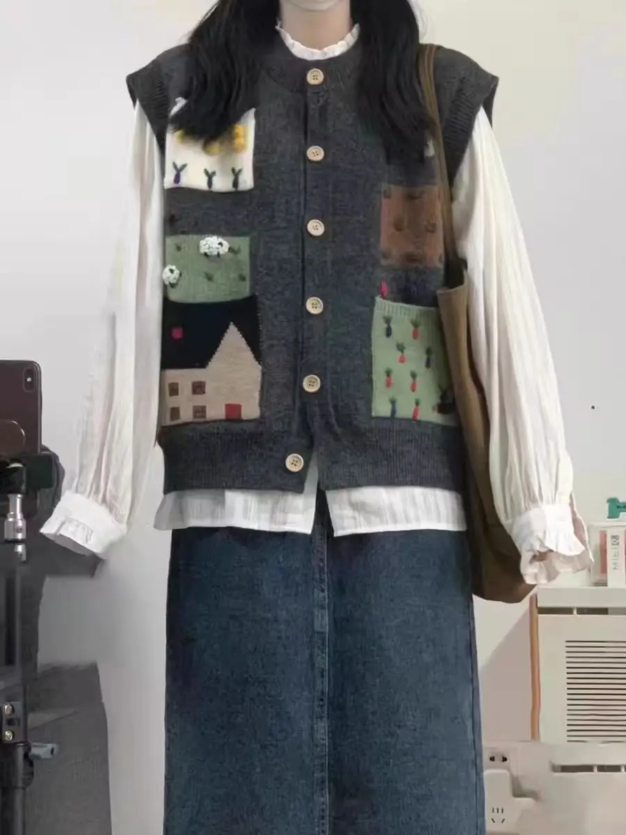 韓国 Sle ニットカーディガンセーター女性の春秋プラスサイズ Faion デザイン 3D パターンベストタンクトップロング Sve