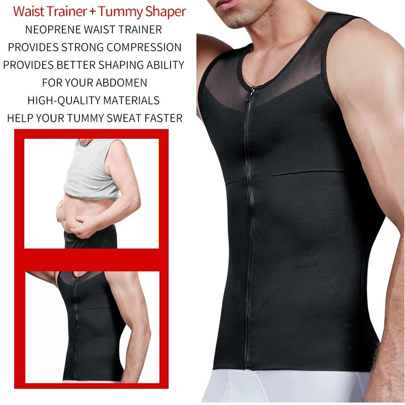 Mens Compression Shirt Slimming Body Shaper Vest Workout Tank Tops Abs Abdomen Undershirts Zipper Up Sleevelss Shapewear