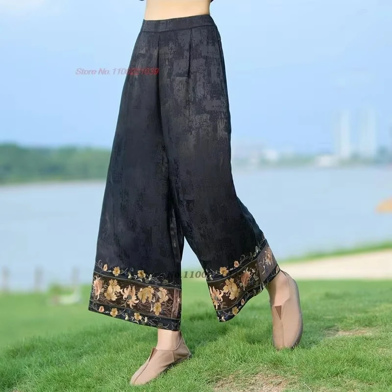 

2025 chinese vintage pants flower embroidered satin jacquard pants women traditional wide leg trousers ethnic retro folk pants