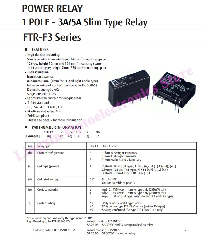 20Pcs/Lot Relay F3AA012E F3AA005E F3AA024E 1 Form A SPST-NO Power Relays F3AA 5V 12V 24V DC 4PIN 5A 100% Original new