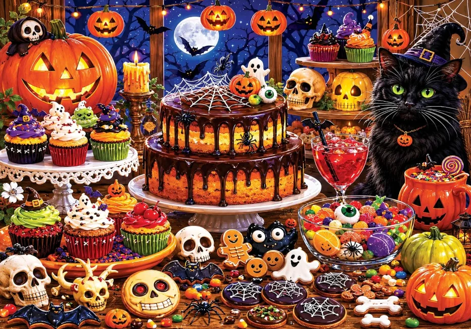 Jigsaw Puzzle 500/1000/1200/2000PCS Halloween Feast Dessert Spread Cake Cupcake Ghost Cookies Spider Web Black Cat Art Gift