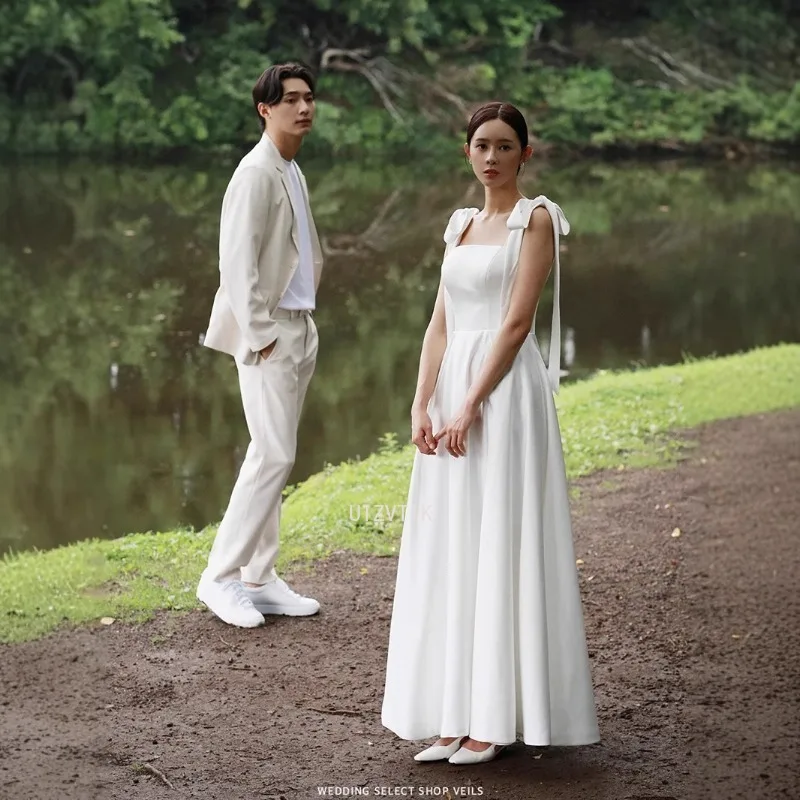 Vestidos de novia elegantes de satén blanco para mujer, sesión de fotos de Corea, correas ajustables, largo hasta el tobillo, vestido de novia con corsé en la espalda personalizado