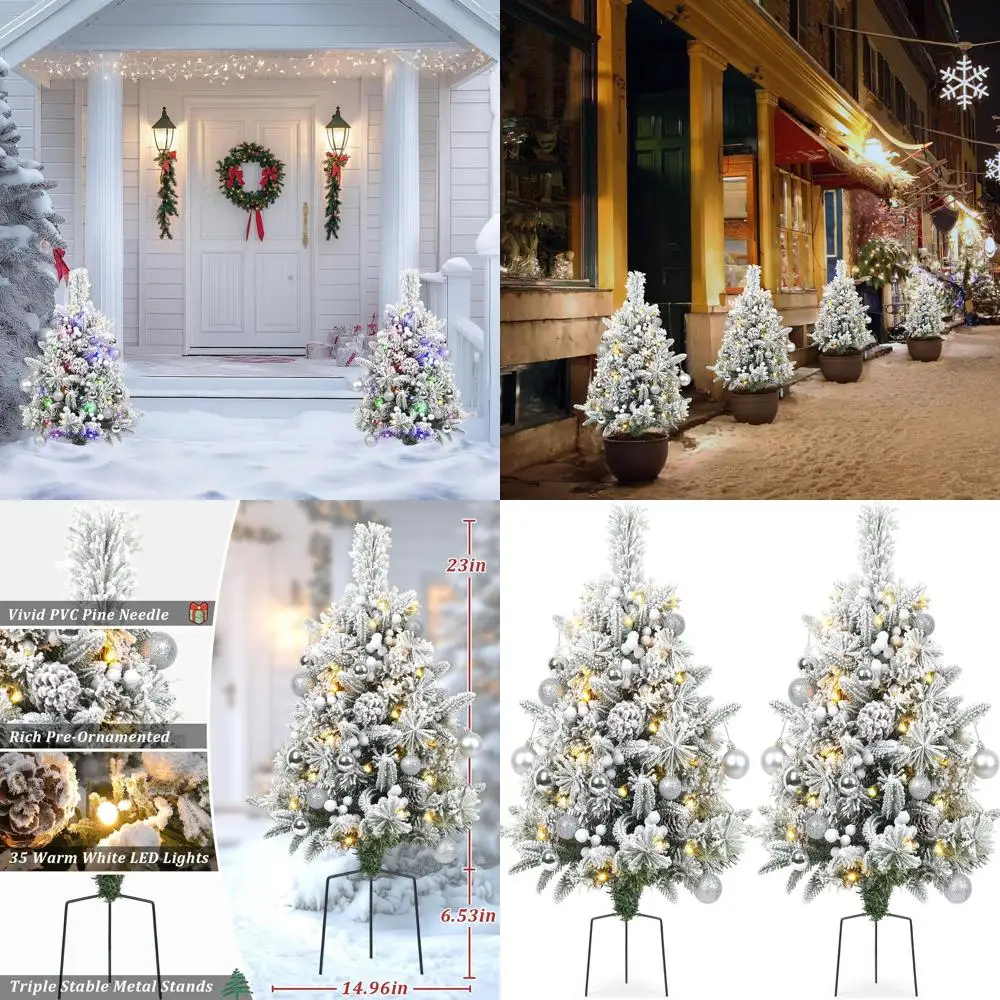 

Battery-Powered 30 Snow Flocked Artificial Christmas Trees, Dual Set with 8 Lighting Modes & Timer
