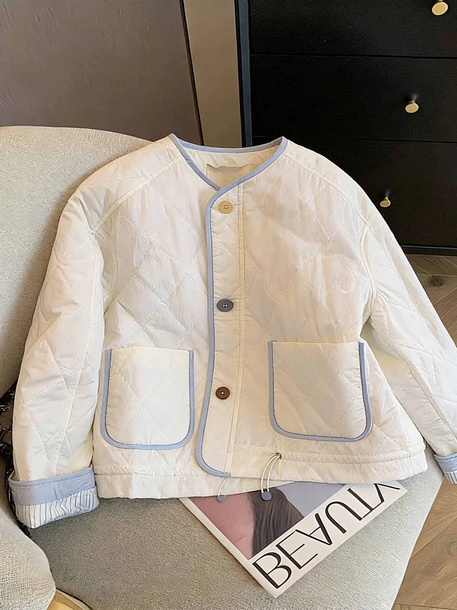 

Ladies Lightweight Cotton Jaet round Ne Button up Quilted Patterned Casual Sle Autumn Winter Faion Vintage Contrast C...