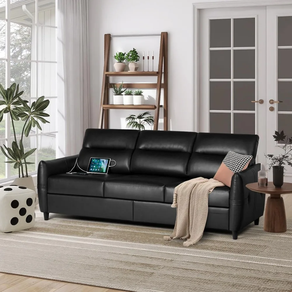 Home Furniture Mid Century Modern Leather Sofas Couches for Living Room Small Spaces 85” Black 3 Seater Couch With USB