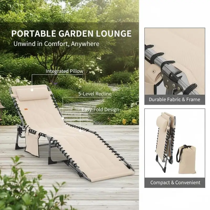 Sun Lounger, Foldable Garden Lounger, Folding Chair with Pillow, 5-position Backrest, Oxford Fabric, 188 x 57 x 30 cm, Beige