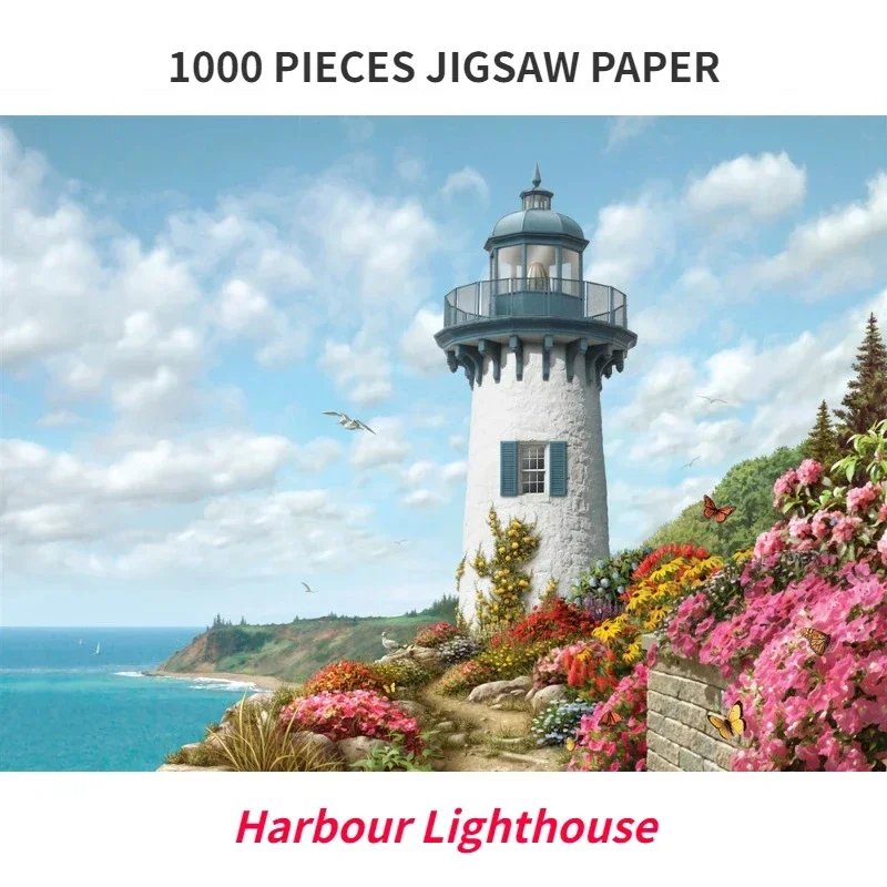 69*51cm 1000 Piece Paper Jigsaw Puzzle Lighthouse by Harbour Landscape Painting Educational Entertainment  Adult Children Toys