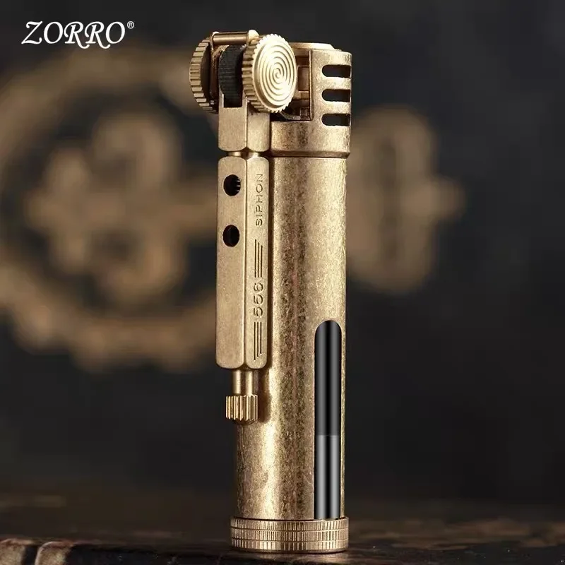 Zorro Brass Kerosene Lighter Retro Windproof Transparent Oil Tank Creative Flashlight Lighter Cigarette Accessories Men\'s Gift