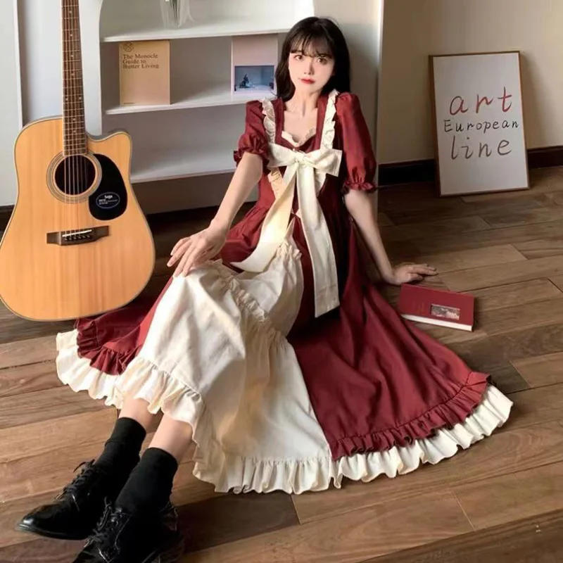 2022 Japanese New Puff Sleeve Dress Red Square Neck JSK Long Skirt Lolita Dress College Cosplay XXL Bow Strap Dress Girly