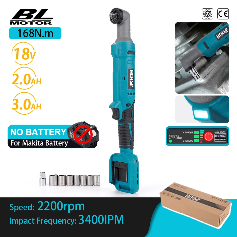 Hormy 18V Brushless Ratchet Wrench168N. m Cordless Right Angle Wrench 3/8 \