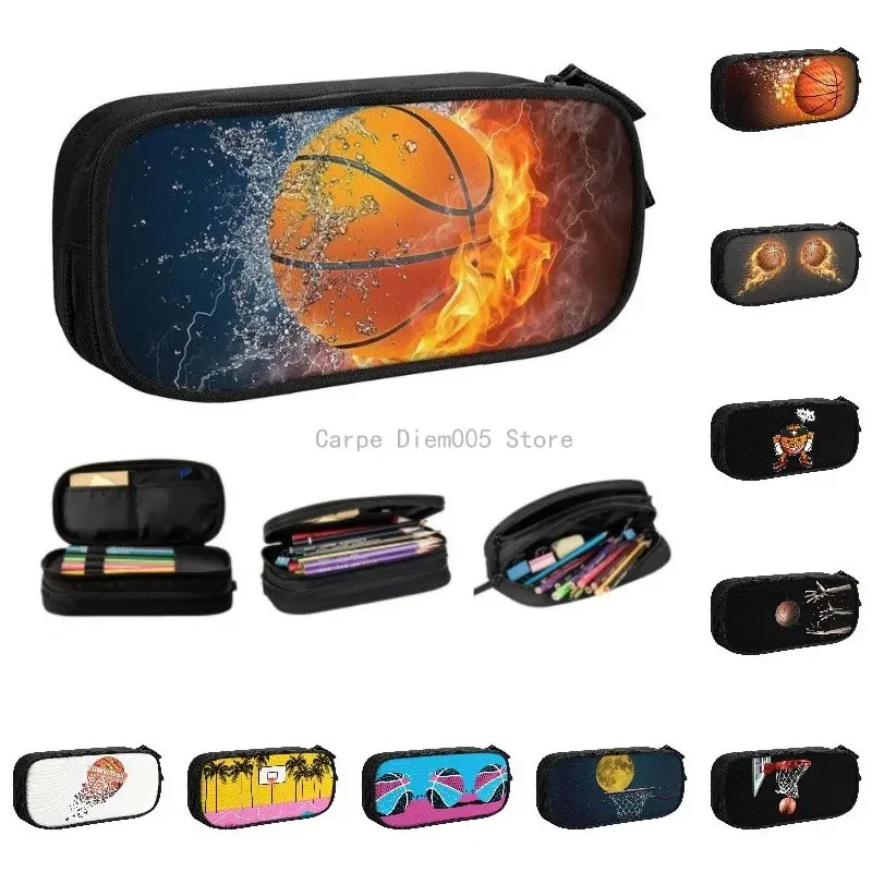 Basketball Ice And Fire Kawaii Pencil Cases Girls Boys Large Capacity Sport Player Pencil Bag Pouch Students Stationery