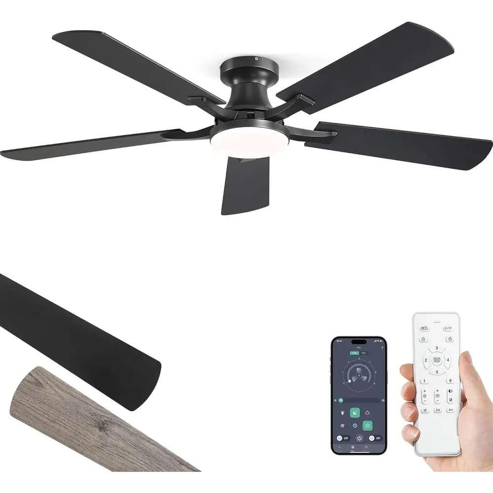 52 20W Dimmable LED Ceiling Fan with Light, Remote Control, Low Profile Design for Bedrooms and Living Rooms, Black