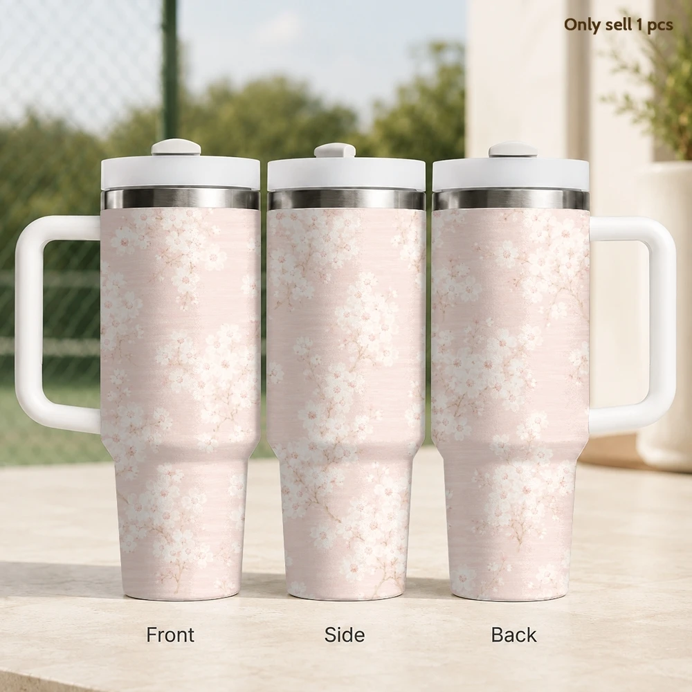 

Ditsy Cherry Blossom Linen Vacuum Flasks 40oz Stainless Steel Insulated Tumbler With Handle & Straw Leakproof Travel Mug