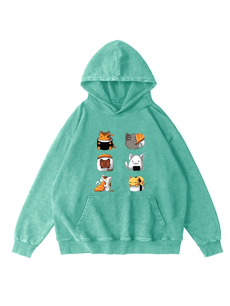 Lucu Sushi cetakan kartun lucu dicuci katun bertudung wanita Retro Crewneck musim gugur kebesaran Hoodie sederhana pakaian tertekan