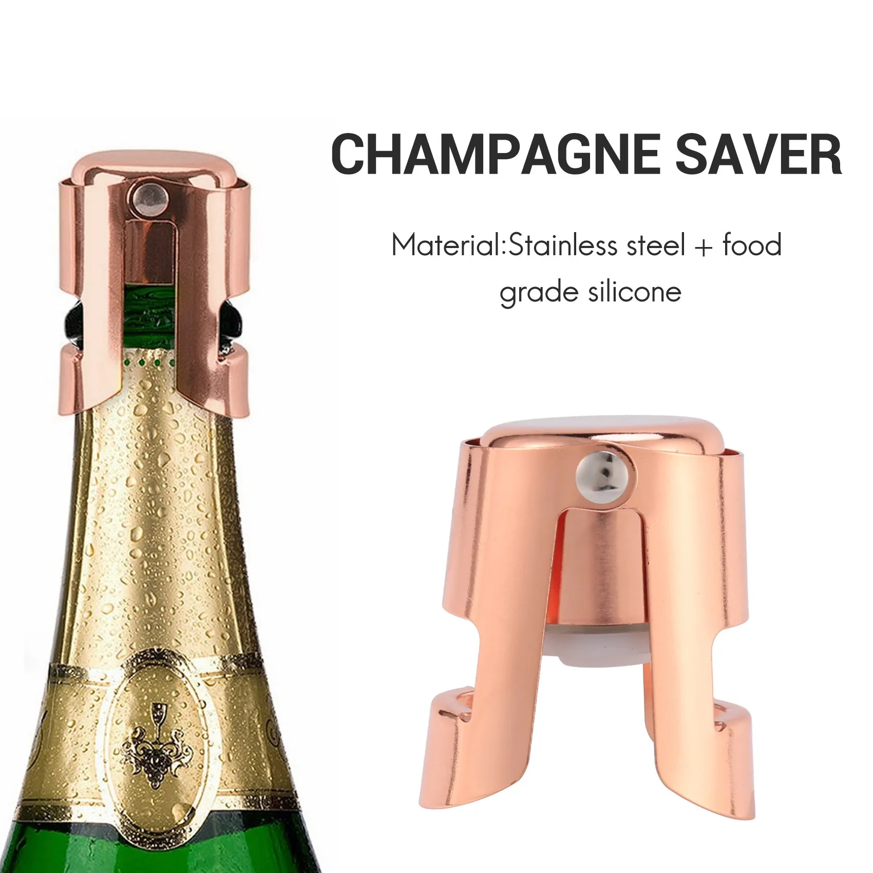 AEE4-Champagne Bottle Stopper Rose Gold Stainless Steel Champagne Sealer Plug Super Powerful Vacuum Seal Reusable Wine Saver