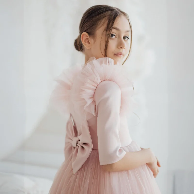 Abiti da ragazza di fiori rosa chiaro Tulle con mezza manica con fiocco per abiti da principessa per banchetti per feste di compleanno di nozze