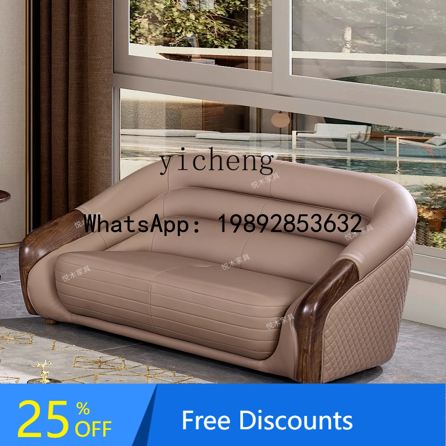 

Ebony Wood Genuine Leather Sofa Large Living Room Solid Wood Leather Art Sofa Set