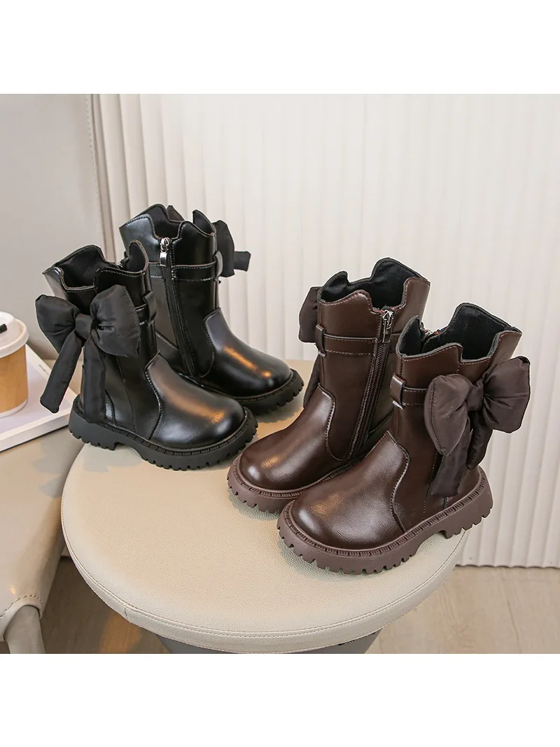 Bottes mi-mollet pour filles, bottes longues de Style princesse pour enfants, avec gros nœuds, bottes hautes pour enfants, bout rond, fermeture éclair latérale, nouvelle collection automne 2025