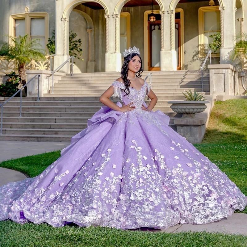 

Glitter Lavender Quinceanera Prom Dresses Appliques 3D Flower Beads Princess Off The Shoulder Sweet 16 Dress Vestidos De 15 Años