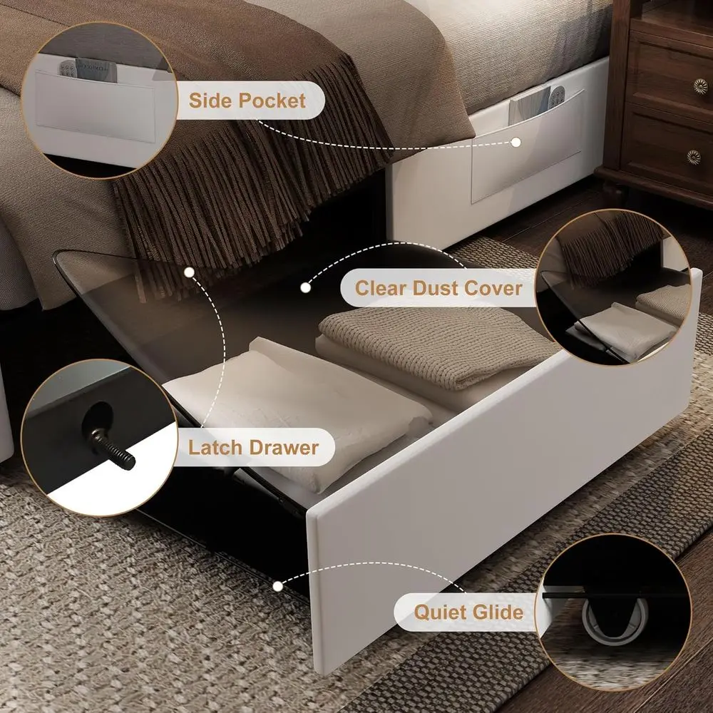 سرير كوين من جلد البولي يوريثان الأبيض مع درجين، ودعم شريحة قابل للتعديل، وخياطة ماسية