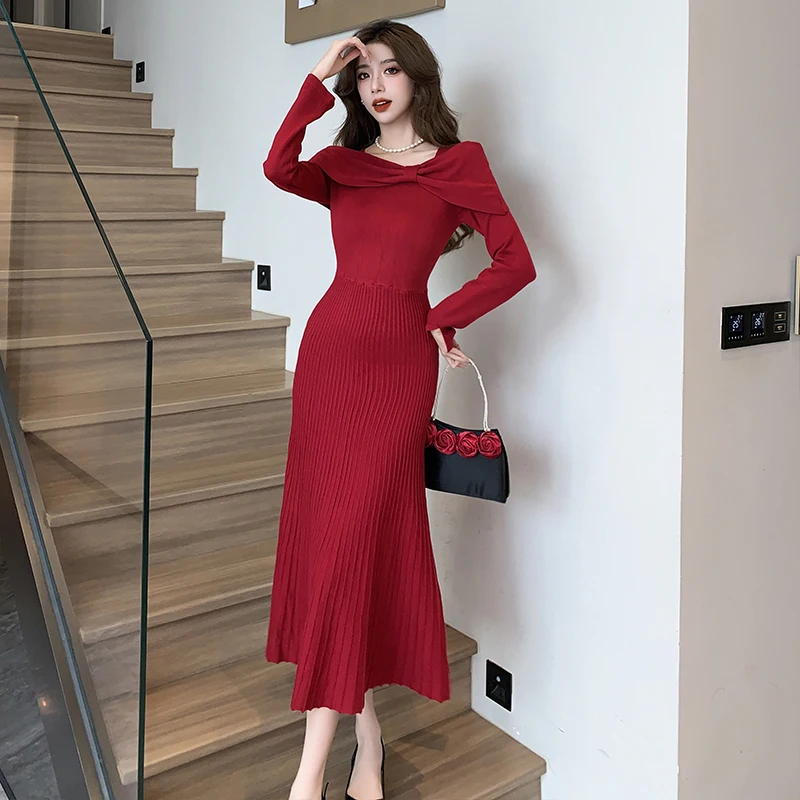 Fashion Chic Autumn Winter Red Bow Twist Knitted Sweater Dress Vintage Women O Neck Long Sleeve Stretch Pleated Long Vestidos