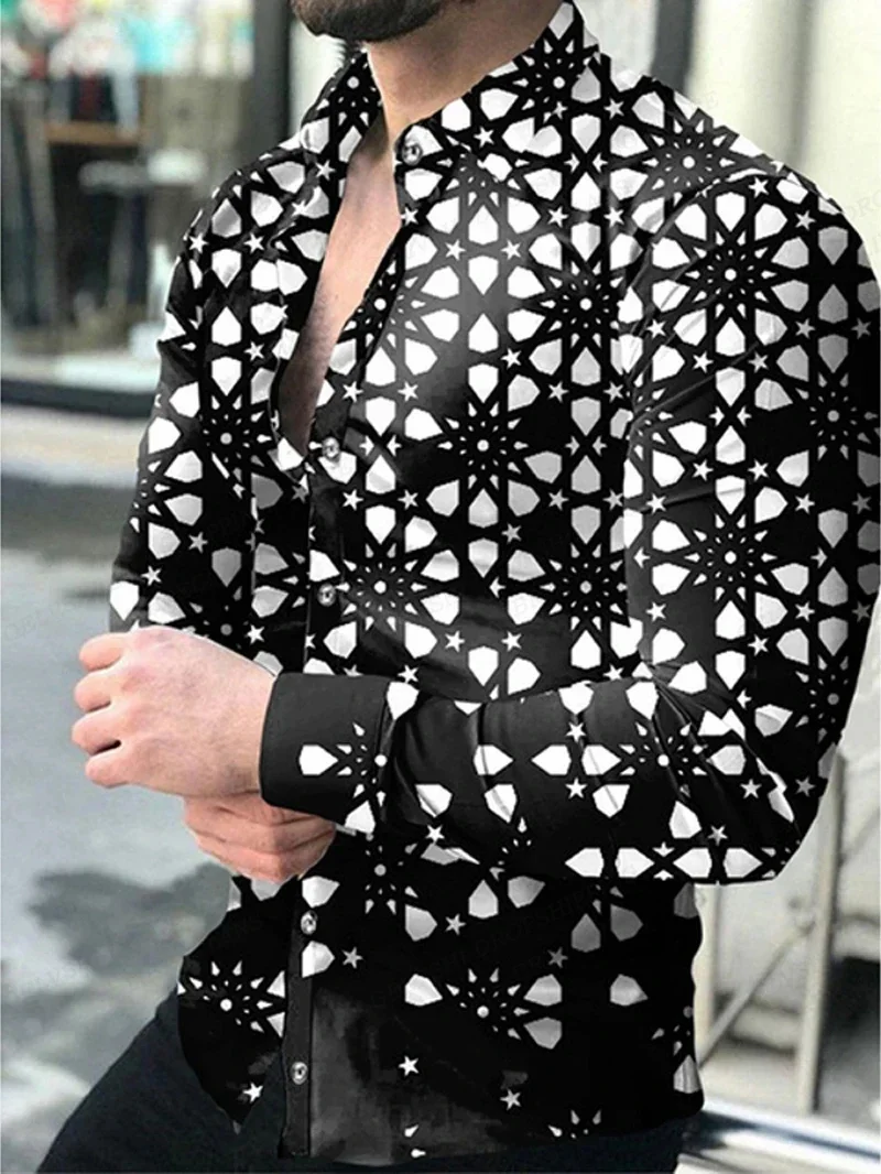2025 Men's dark retro pattern polka dot 3D printed shirt outdoor street long-sleeved lapel slim clothing business fashion top