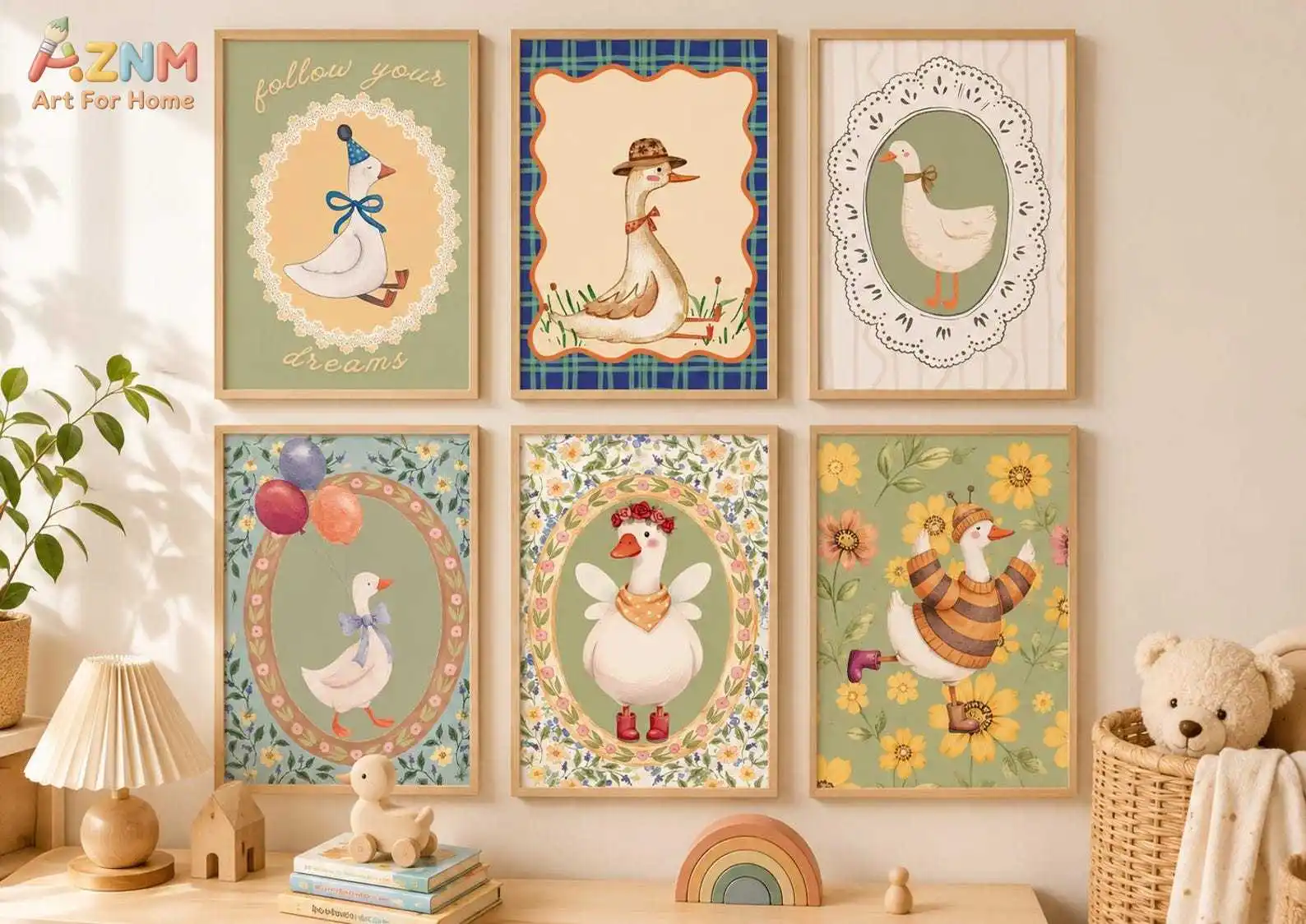 AZNM Cute Cartoon White Duck Floral Canvas Print Vintage Nursery Wall Art Unframed Canvas Painting