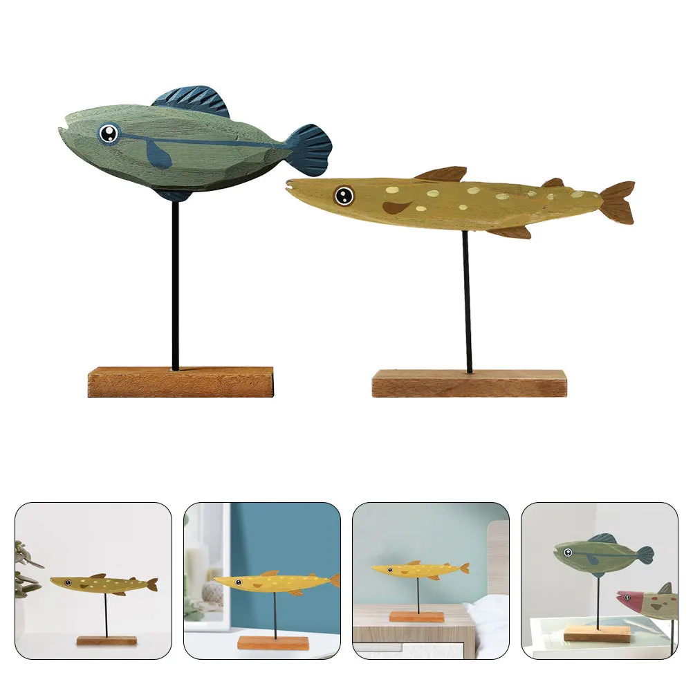 

2pcs Wooden Sculpture Cartoon Fish Ornament For Home Office Desk Decor Living Room Nautical Statue Tabletop Fish