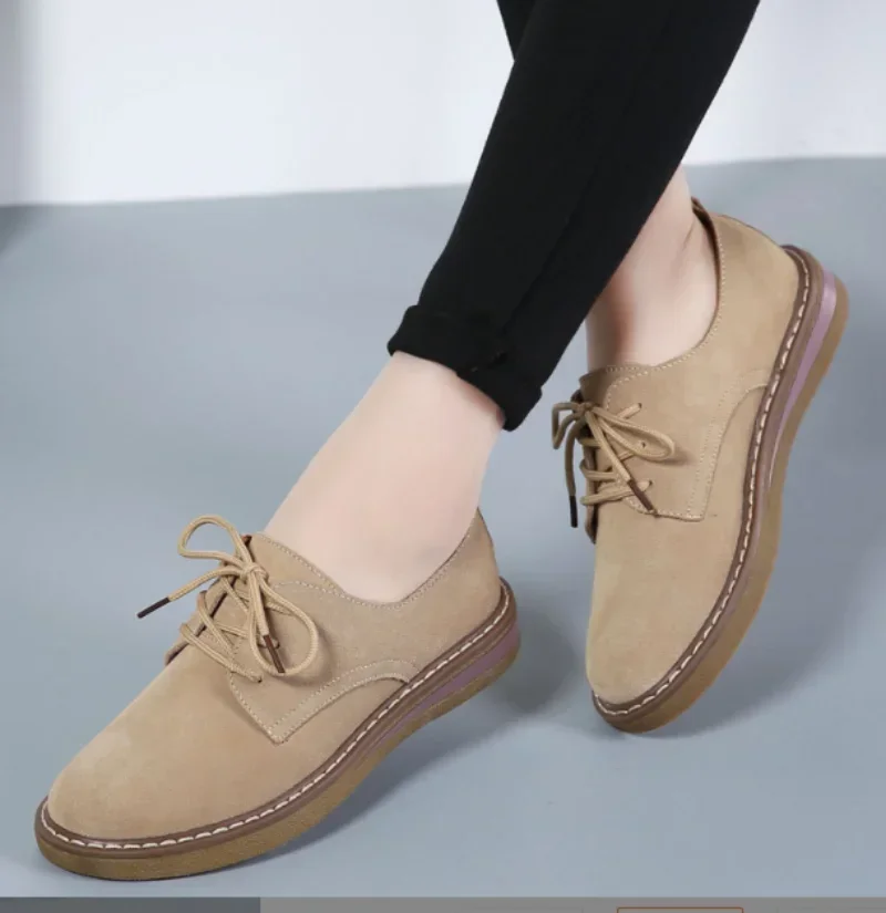 2024 Winter Women Sneakers Oxford Shoes Flats Shoes Women Leather Suede Lace Up Boat Shoes Round Toe Flats Moccasins