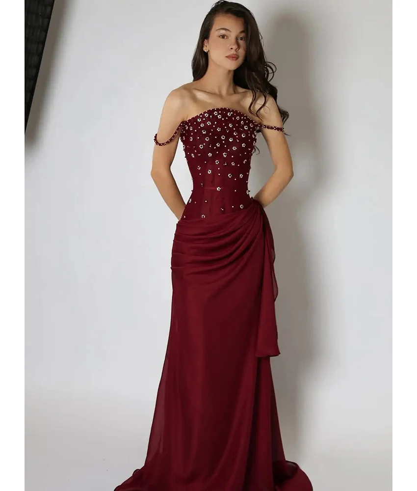 

Customized Exquisite Chiffon Mermaid Crystal Flowers Evening Dress Delicate Strapless Sleeveless Floor Length Prom Gowns