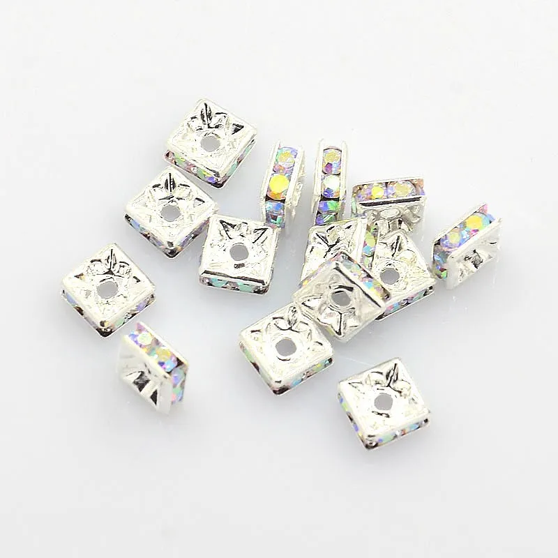 20pc Metal Rhinestone Spacer Beads Square Nickel Free Cyan Silver Color Plated for Making DIY Jewelry Bracelet Necklace Crafts