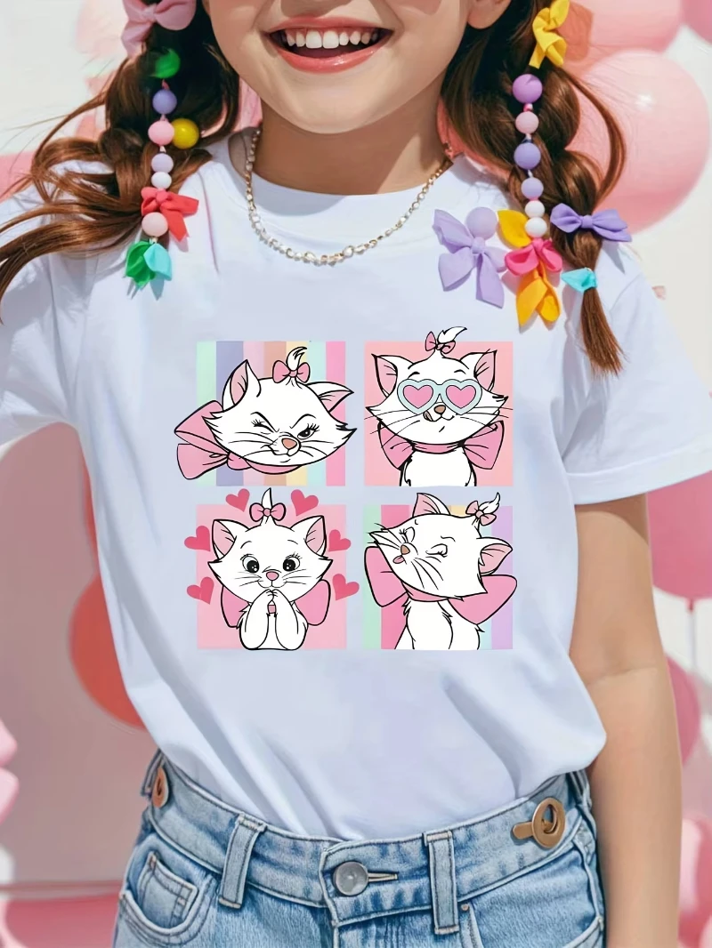

MINISO Disney Marie Cat print short-sleeved T-shirt childlike and cute style suitable for children's daily wear and outings 2025