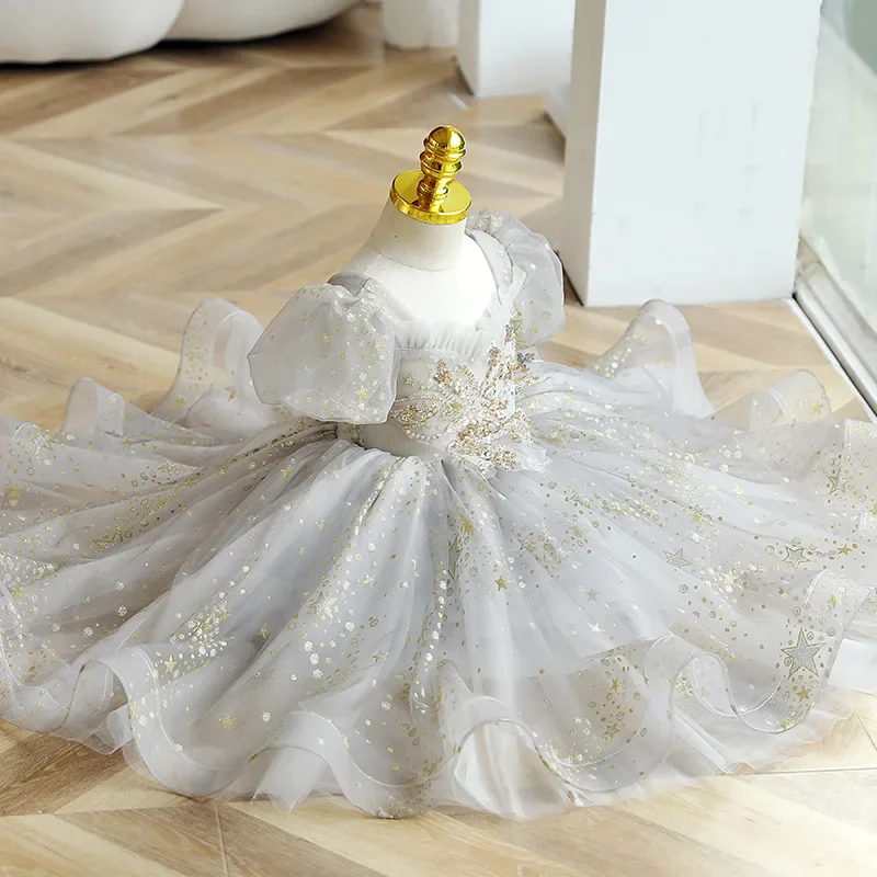 Young Girls Sequined Dress Kids Girl Puff Sleeves Lace Beading Ball Gowns Children Birthday Party Pageant Formal Vestidos