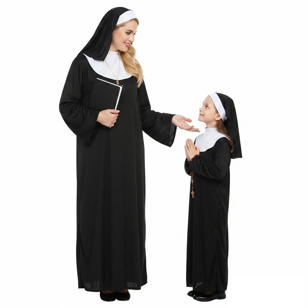 

Plus Size Nun Costume for Women Full Length Black Habit with Headpiece Cross Halloween Cosplay Religious Garments and Robes