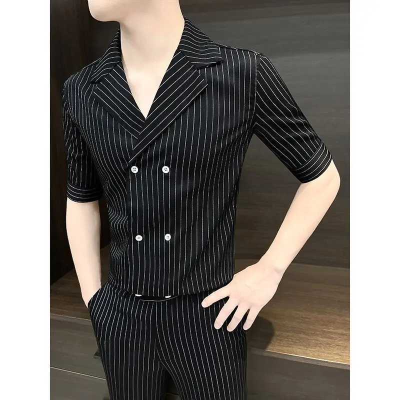 

4-A34 Striped handsome men's suit set men's short-sleeved shirt Cuban collar ner suih three-quarter sleeve shirt