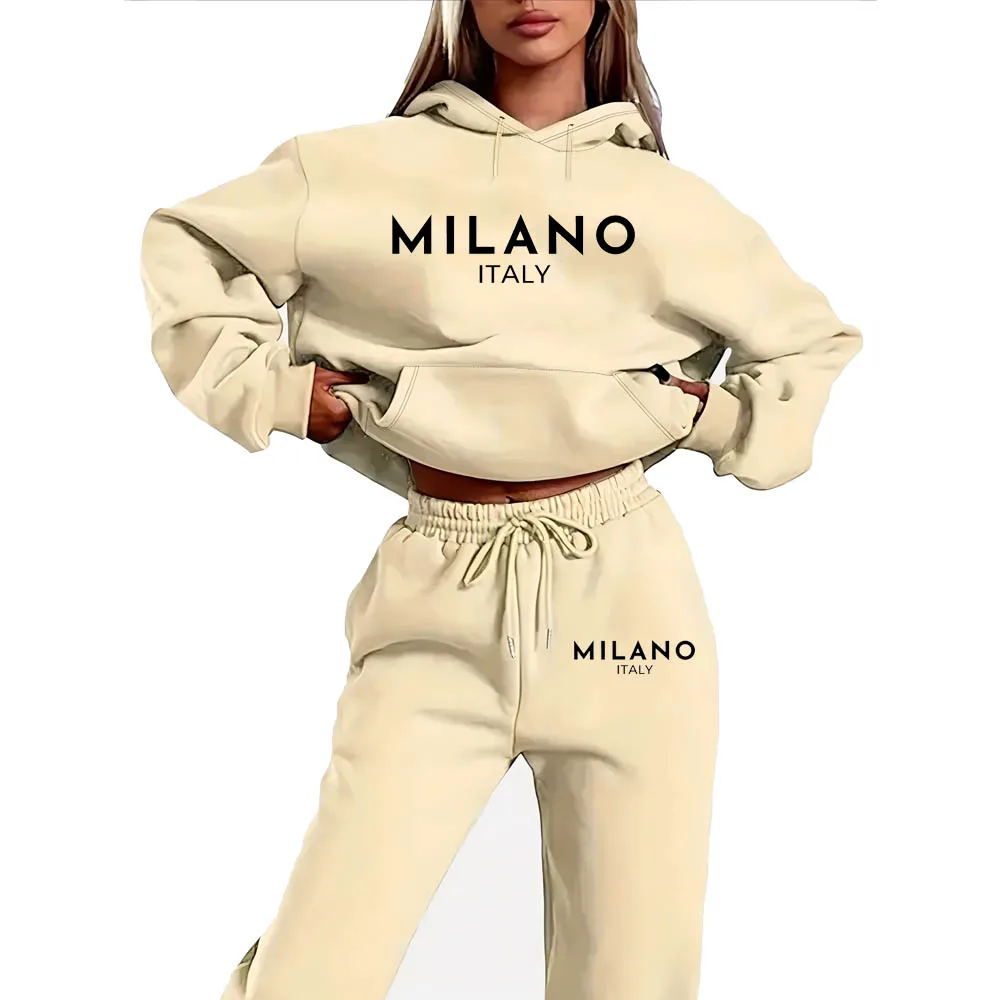 Fun MILANO Printed Women's Two-Piece Set Hooded Sweatshirt And Pants Jogging Suit New Collection