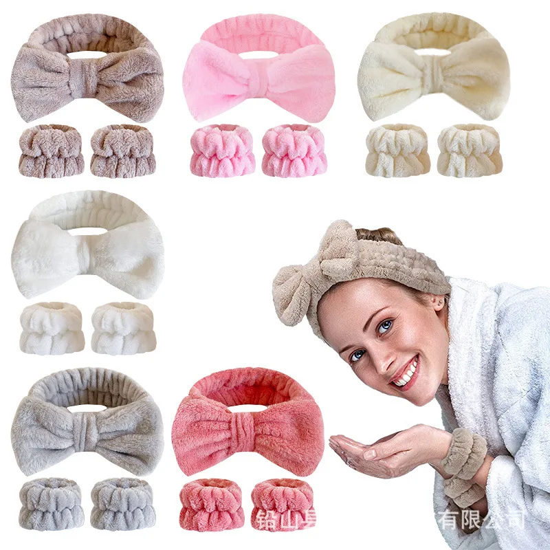 

Woman Soft Washing Face Headbands Sweet Cute Kawaii Bowknot Headband High Elastic Wrist Hair Bands Set Woman Wash Up Accessories